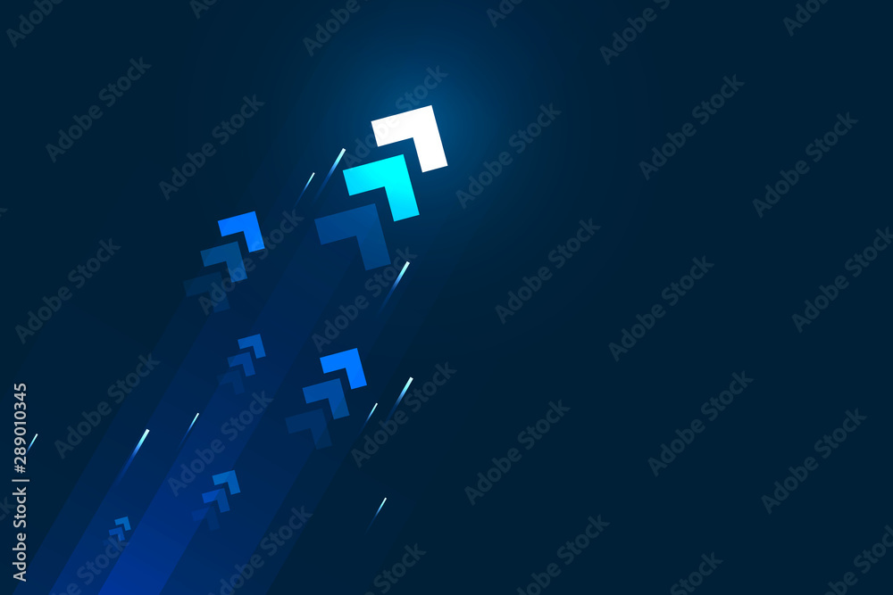 Wall mural blue light of up arrows on dark blue background, business growth concept.