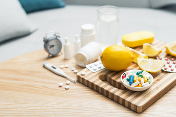 home care with pills, lemon, tablets and nasal spray.