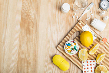 home care with pills, lemon, tablets and nasal spray.