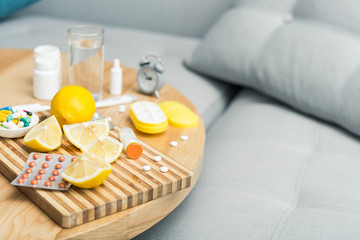 home care with pills, lemon, tablets and nasal spray.