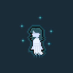 Pixel art cartoon cute ghost girl with 5 blue spirit.8bit.halloween.