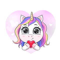 Vector cartoon unicorn in the heart shape holding heart.