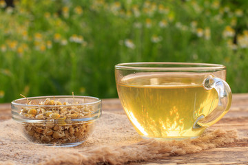 Glass cup of green tea and dry white chamomile flowers in a glass bowl outdoor.
