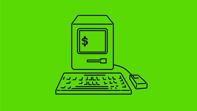 2d Animation motion graphics monoline drawing of a vintage or classic personal computer with dollar typing on screen on white, black and green screen in HD high definition.