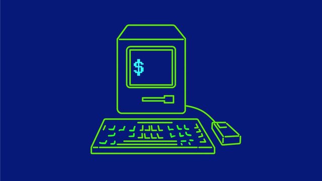 2d Animation motion graphics showing neon sign light signage lighting of a vintage or classic personal computer with dollar on blue screen in HD high definition done retro style.