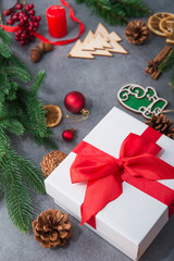 New Year concept with Christmas tree and wooden toys