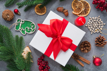 New Year concept with Christmas tree and wooden toys