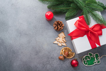 New Year concept with Christmas tree and wooden toys