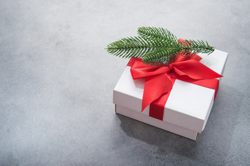Christmas white box present with red ribbon and fir tree branch