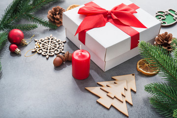 New Year concept with Christmas tree and wooden toys