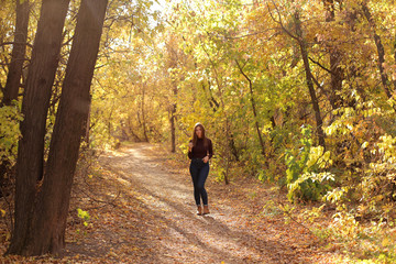 Autumn view, one girl walks in the park. The girl walks through the alley among the autumn trees. Yellow leaves, autumn park, a lonely girl is resting in autumn park.