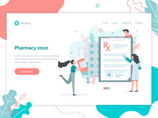 Medical concept. Pharmacy store. Female doctor writes prescription. Web banner design template. Flat vector illustration.