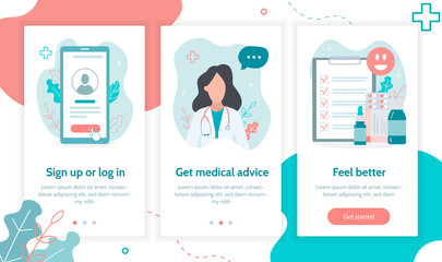 Online doctor service. Three simple steps. Onboarding screens template for mobile applications and websites. Flat vector illustration. 