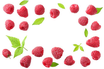 ripe raspberries with green leaf isolated on white background. top view