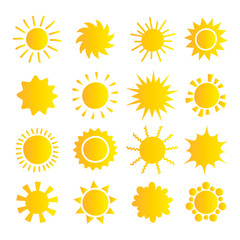 Cartoon sun collection. Yellow sun icons set isolated on white. Sun pictogram, summer symbol for website design, web button, mobile app.