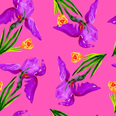 Floral seamless pattern on a pink background, watercolor purple irises and yellow tulips.
