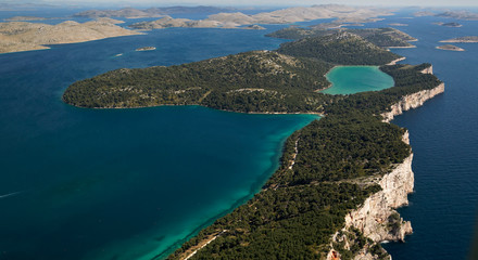 Aerial view of Telašćica Nature Park with the bay, cliffs and the salt lake