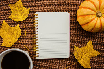Autumn frame made of pumpkin, notebook, cup of coffee and fallen leaves on brown knitted sweater. Fall, Halloween and Thanksgiving concept. Top view. Empty space for your text.