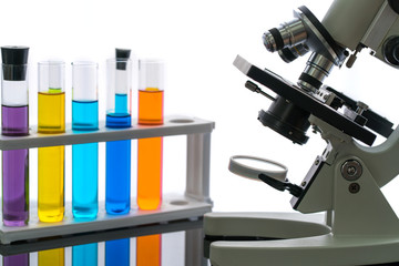 scientist with equipment and science experiments, laboratory glassware containing chemical liquid for research or analyzing a sample into test tube in laboratory isolate on white background