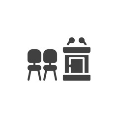 Chairs and speaker podium vector icon. filled flat sign for mobile concept and web design. Speech table and armchairs glyph icon. Symbol, logo illustration. Vector graphics