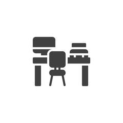 Office desk with computer and printer vector icon. filled flat sign for mobile concept and web design. Office workplace glyph icon. Symbol, logo illustration. Vector graphics