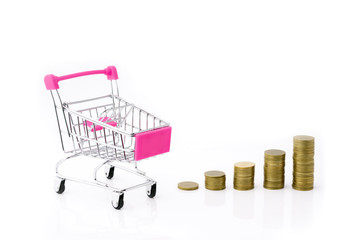 coins money and shopping cart or supermarket trolley business finance concept isolate on white background.