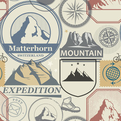 Naklejka premium Mountain adventure stamps seamless pattern