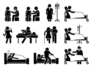 Sick, illness and injury treatment, medication, and rehabilitation for woman at hospital and home. Stick figures depict female body checkup, hospital patient, IV drip, injection, and physiotherapy.