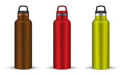 Glossy color metal water bottle with carry handle, realistic vector illustration. Drinking reusable flask for hot or cold beverages, template. Easy to recolor