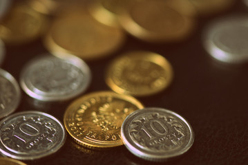 Polish coins scattered on a dark background close up. Retro style