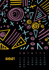 August. Vector colorful monthly calendar for 2020 year with abstract marker doodle.