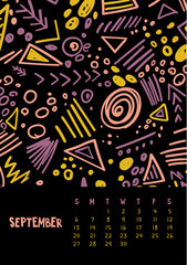 September. Vector colorful monthly calendar for 2020 year with abstract marker doodle.