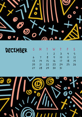 December. Vector colorful monthly calendar for 2020 year with abstract marker doodle.