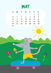 Obraz na płótnie Canvas May. Vector calendar page with cute rat in travel - Chinese symbol of 2020 year