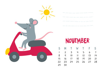 November. Vector calendar page with cute rat in travel - Chinese symbol of 2020