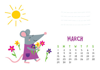 March. Vector calendar page with cute rat with flowers - Chinese symbol of 2020