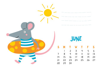 June. Vector calendar page with cute rat at beach - Chinese symbol of 2020 year