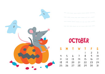 October. Vector calendar page with cute rat celebrate Halloween