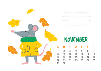 November. Vector calendar page with cute rat in yellow coat
