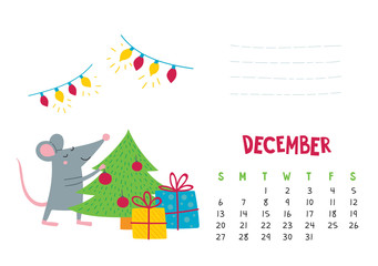 December. Vector calendar page with cute Christmas rat - Chinese symbol of 2020