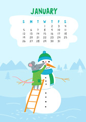 January. Vector calendar page with cute rat make snowman