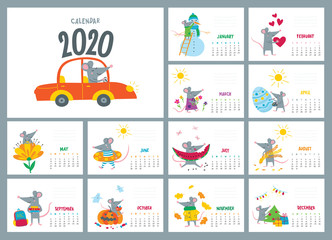 Vector colorful monthly calendar with a cute rat - a Chinese symbol of the 2020 year