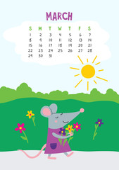 March. Vector calendar page with cute rat with flowers