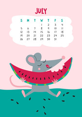 July. Vector calendar page with cute rat with watermelon - Chinese symbol of 2020