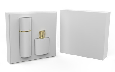 perfume bottle and deodorant with square hard box mock up template isolated on white background. 3d illustration