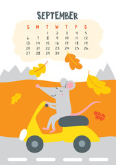 September. Vector calendar page with cute rat riding scooter