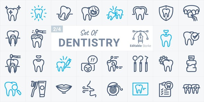Vector set of flat graphic icon, line, contour, thin design. Dental, dentist. Element, emblem, symbol, logo. Disease, care, dental treatment. Prosthetics, teeth whitening, removal. Web site.