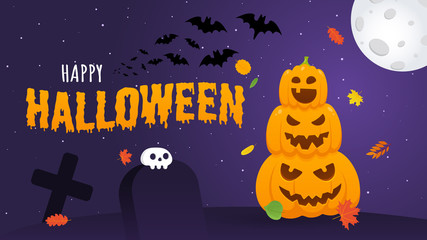 Happy halloween pumpkins with scary faces expression grimace, with moon, bats, graves and human scull flat style design vector illustration isolated on dark background and text.