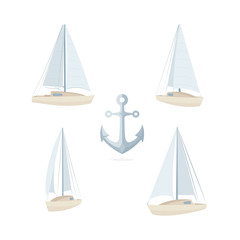 Yacht. Sailing ship vector illustrations set. Sailboat isometric icons.