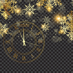 Happy New Year banner with gold snowflakes and clock on transparent background. Vector
